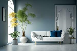 Mockup of a minimalist living area including a low, curved sofa and a vase with a palm leaf. As an example, photo