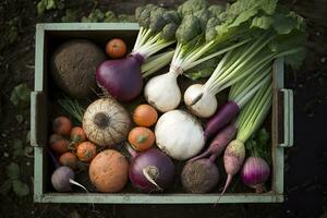 crate filled with assorted fresh vegetables photo