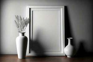 White poster or photo frame mockup in the horizontal orientation with a vase on a wooden floor leaning against a room wall in shadow