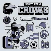 Crow Mascot and Sport Object Collection in Vintage Style vector