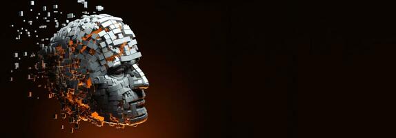 Artificial intelligence. Scattering head profile of a chromed robot, orange background. AI generated. photo