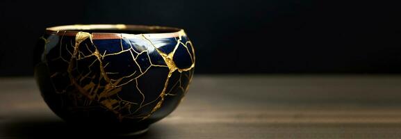 Kintsuki, Japanese pottery. Utensils glued with gold are not concept of constancy, imperfection of world. AI generated. photo