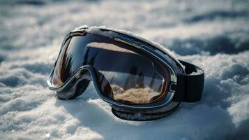 Ski goggles on snow closeup, mountain background. Active recreation, winter sports. AI generated. photo