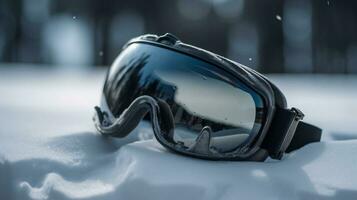 Ski goggles on snow closeup, mountain background. Active recreation, winter sports. AI generated. photo