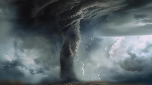 Destructive tornado funnel, natural cataclysm disaster. AI generated. photo