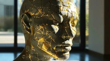 Kintsuki, Japanese ceramic head glued with gold. Concept of not constancy, imperfection of world. AI generated. photo