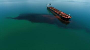 Ecological disaster, oil spill in ocean near tanker, top view. Commercial delivery. AI generated. photo