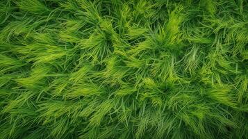 Green grass, top view background texture. Home garden lawn, sports field. AI generated. photo