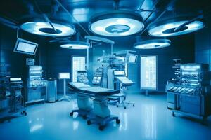 Empty operating room with patient lying under cover Generative AI photo