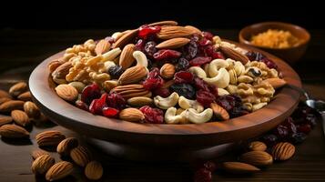 Various dried fruits and nuts on a kitchen table. Copy space. Generative AI photo