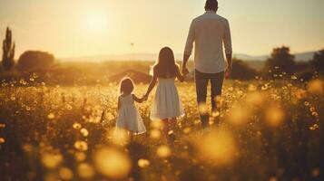 Happy family running through field. Dad, mom and two daughters photo