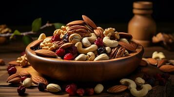 Various dried fruits and nuts on a kitchen table. Copy space. Generative AI photo