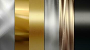 Set texture of a group of metal corrugated old steel shiny background silver gold color. AI generated. photo