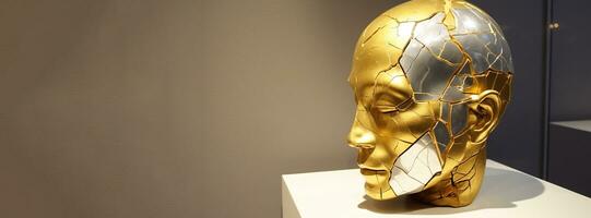 Kintsuki, Japanese ceramic head glued with gold. Concept of not constancy, imperfection of world. AI generated. photo