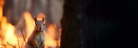 Frightened animal squirrel on the background of a fire in the forest. AI generated. photo