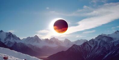 Eclipse of sun against background of peaks of snow-capped mountains at night. AI generated. photo