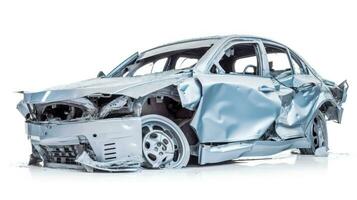 Car accident, broken damaged body metal. Life insurance, technology. Blue car white background. AI generated. photo