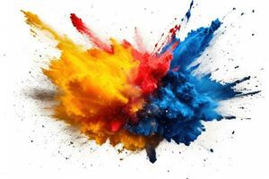 Explosion of red yellow blue powder on white background. Colorful. Generative AI photo