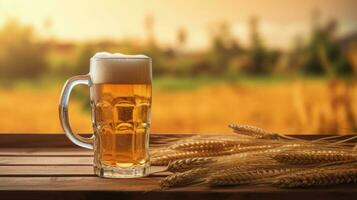 Beer Mug with on wooden floor, wheat field background. Generative AI photo