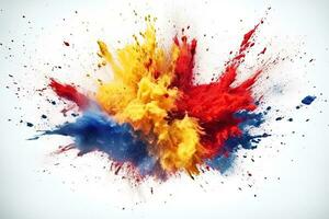 Explosion of red yellow blue powder on white background. Colorful. Generative AI photo