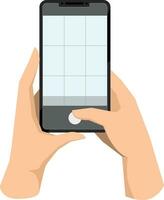 Hand holding phone, taking mobile photo. Making photograph with grid on smartphone screen. Using camera for shooting, recording video. Flat graphic vector illustration isolated on white background