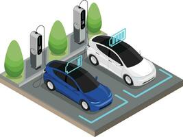 Two EV Electric Car stop at Charging Station Ecology cut inside show Battery Concept isometric isolated vector
