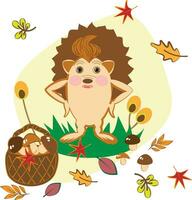 Cartoon hedgehog autumn mushrooms basket foliage, autumn kids vector illustration