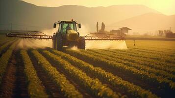 A Tractor Spraying Pesticides on Green Soybean Plantation at Sunset. Tractor Spraying Pesticides. Generative Ai photo