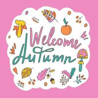 Hello, Autumn. Sticker with autumn cozy elements and inscriptions. Sticker or design with space for text. Hand drawn in doodle style. Isolated illustration. Vector. vector