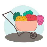 Harvest, wagon with pumpkin. Agricultural autumn work. Flat isolated illustration vector
