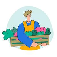 A man carries a harvest in a wooden box. Harvesting. Agricultural autumn work. Flat illustration vector