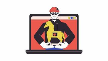 Cyber criminal holding trojan horse on laptop line 2D animation. Spyware penetration on notebook 4K video motion graphic. Hacker attack computer linear animated cartoon flat concept, white background