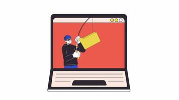 Hacker with fishing rod catching computer folder line 2D animation. Cyber phishing 4K video motion graphic. Cyber attacker on laptop stealing linear animated cartoon flat concept, white background