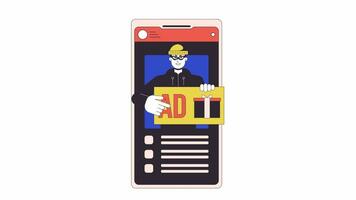 Mobile phone with ad fraud line 2D animation. Online advertising fraud on smartphone 4K video motion graphic. Digital fraudster on cellphone linear animated cartoon flat concept, white background