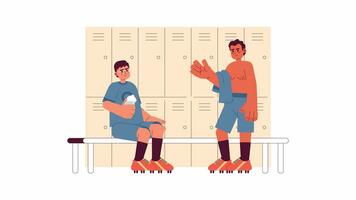 Team locker room cartoon animation. Resting players wearing football shirts 4K video motion graphic. Team members talking in athletic locker 2D color animated characters isolated on white background