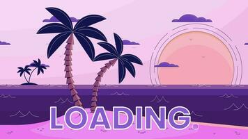 Beach palms sunset line 2D loading animation. Moving clouds, waves, seagulls animated cartoon linear landscape 4K video loader motion graphic. Tropical shore. Summer horizon download process gif