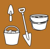 Farm Garden Tools Object Shovel Bucket Cartoon Digital Stamp Outline vector