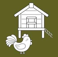 linda pollo granja animal y granero casa dibujos animados digital sello contorno vector