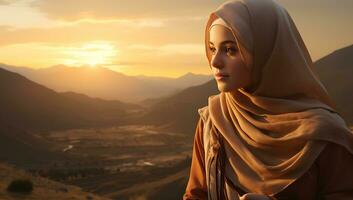 hermosa musulmán mujer con hijab mirando a puesta de sol en el montañas foto