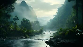 Beautiful view of a mountain river flowing through a jungle landscape. photo