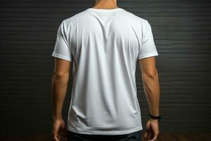 Apparel mockup, back view of white T-shirt, design for clothes AI Generated photo