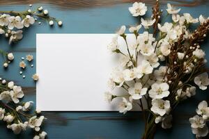 Gypsophila and paper list, wedding mockup, blue table, beautiful flat lay AI Generated photo
