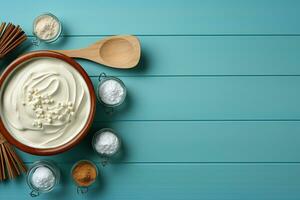 Baking utensils, flat lay, recipe mockup, blue background AI Generated photo