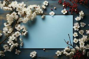 Blue table wedding mockup, gypsophila, paper list, beautiful flat lay AI Generated photo