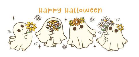 Group of cute Halloween ghosts with daisy flower, kawaii Retro floral spooky banner,Happy halloween, cartoon doodle outline drawing illustration idea for greeting card, t shirt design and crafts. vector
