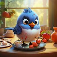 cute bird with cherry cartoon on the table photo