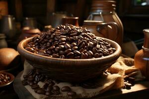 Coffeehouse charm, an inviting background with a sea of coffee beans AI Generated photo