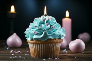 Cupcake beauty Blue candle and heart, crowned by green cupcakes with cream cheese AI Generated photo