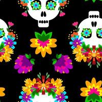 Mexican sugar skull and flowers in a seamless pattern on a black background vector