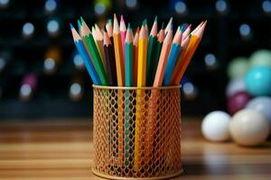 Pencils arranged in a holder, epitomizing the back to school notion AI Generated photo